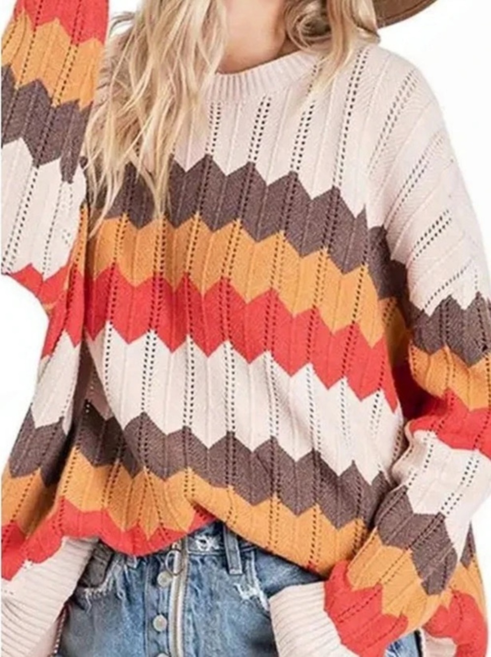 Ces Femme Womens L 70s Chevron Striped Knit Sweater Oversized Fall Festival Boho